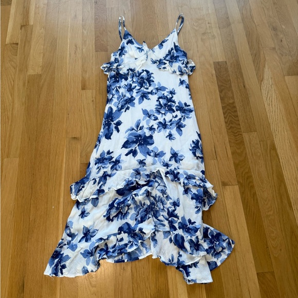 Island Time Blue and White Floral Print Ruffled Midi Dress by LULU's - Picture 8 of 16